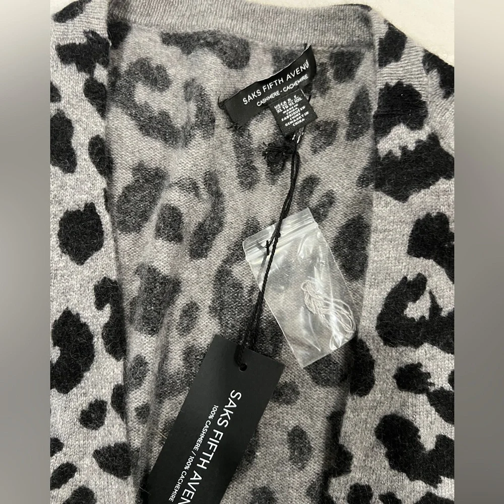 NWT Saks Fifth Avenue Black and Gray Leopard Cashmere Cardigan - Picture 2 of 6